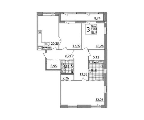 Трехкомнатная квартира, 138.00 м<sup>2</sup>, 11/0 эт.