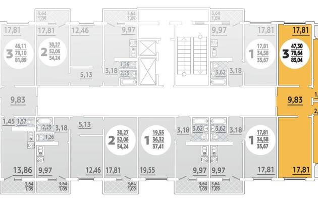 Трехкомнатная квартира, 83.00 м<sup>2</sup>, 18/19 эт.