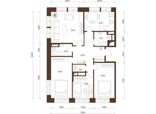 Четырехкомнатная квартира, 106.00 м<sup>2</sup>, 15/0 эт.