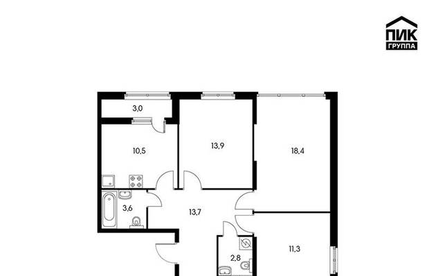 Трехкомнатная квартира, 75.00 м<sup>2</sup>, 12/24 эт.