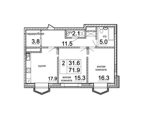 Двухкомнатная квартира, 73.00 м<sup>2</sup>, 8/0 эт.