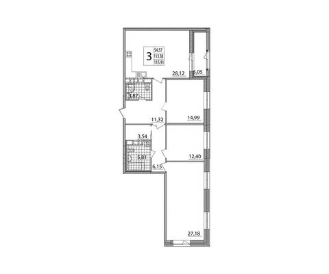 Трехкомнатная квартира, 115.00 м<sup>2</sup>, 4/0 эт.