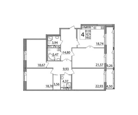 Четырехкомнатная квартира, 149.00 м<sup>2</sup>, 13/0 эт.