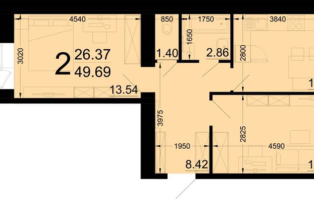 Двухкомнатная квартира, 52.00 м<sup>2</sup>, 1/10 эт.