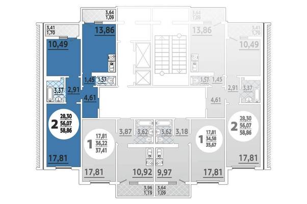 Двухкомнатная квартира, 58.00 м<sup>2</sup>, 7/19 эт.