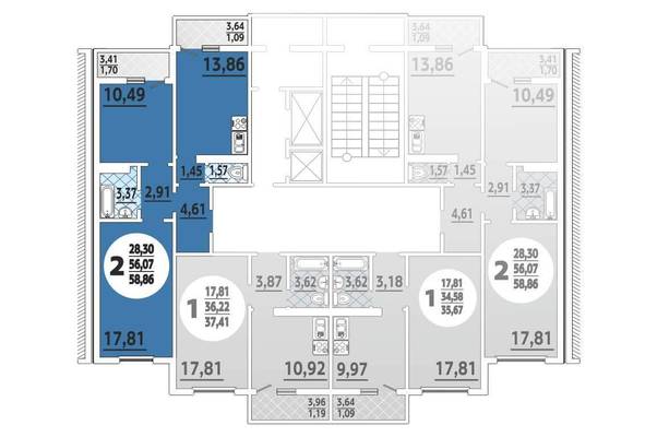 Двухкомнатная квартира, 58.00 м<sup>2</sup>, 13/19 эт.