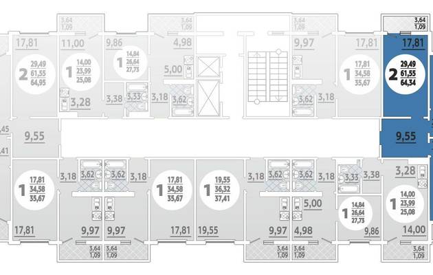 Двухкомнатная квартира, 64.00 м<sup>2</sup>, 10/19 эт.