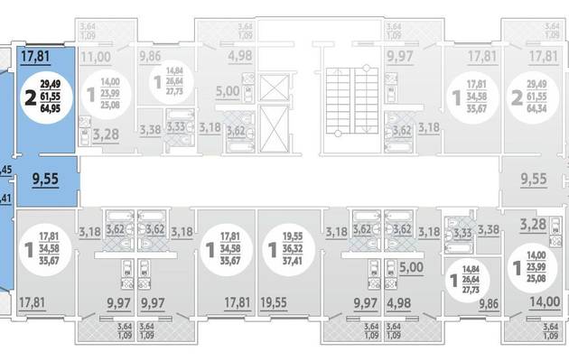 Двухкомнатная квартира, 65.00 м<sup>2</sup>, 14/19 эт.