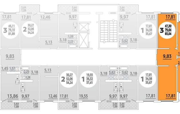 Трехкомнатная квартира, 83.00 м<sup>2</sup>, 16/19 эт.