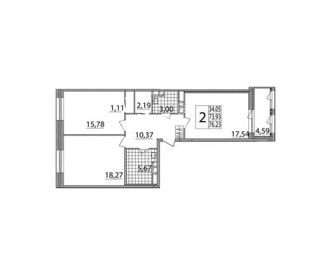 Двухкомнатная квартира, 76.00 м<sup>2</sup>, 3/0 эт.