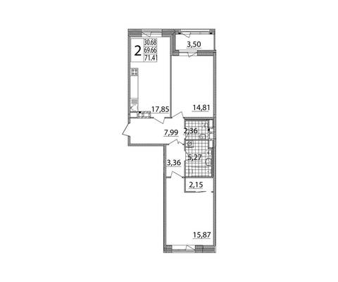 Двухкомнатная квартира, 71.00 м<sup>2</sup>, 8/0 эт.